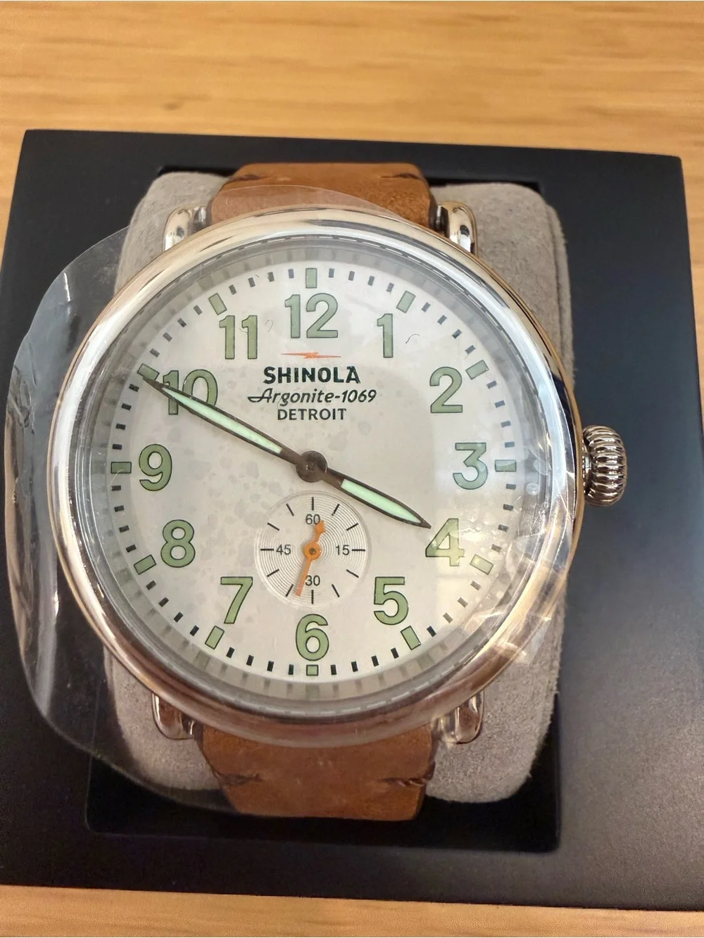 Shinola Brown Leather Strap Watch with White Dial and Green Numerals